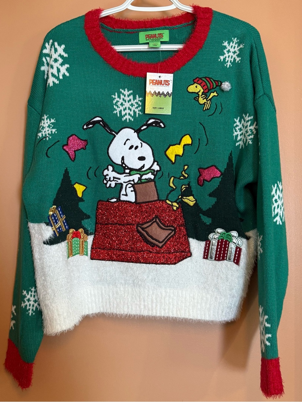 Peanuts Snoopy Woodstock Christmas Sweater Women’s L‎ Green Holiday Sweater NWT